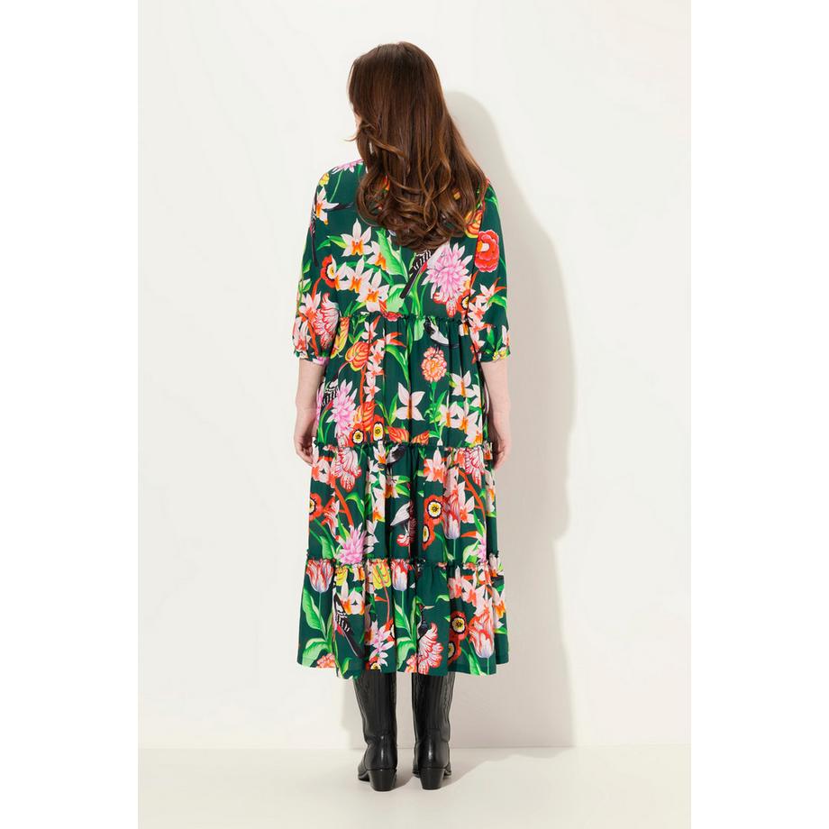 Ulla Popken Maxikleid Stehkragen V-Ausschnitt 3/4-Arm Knöpfe  