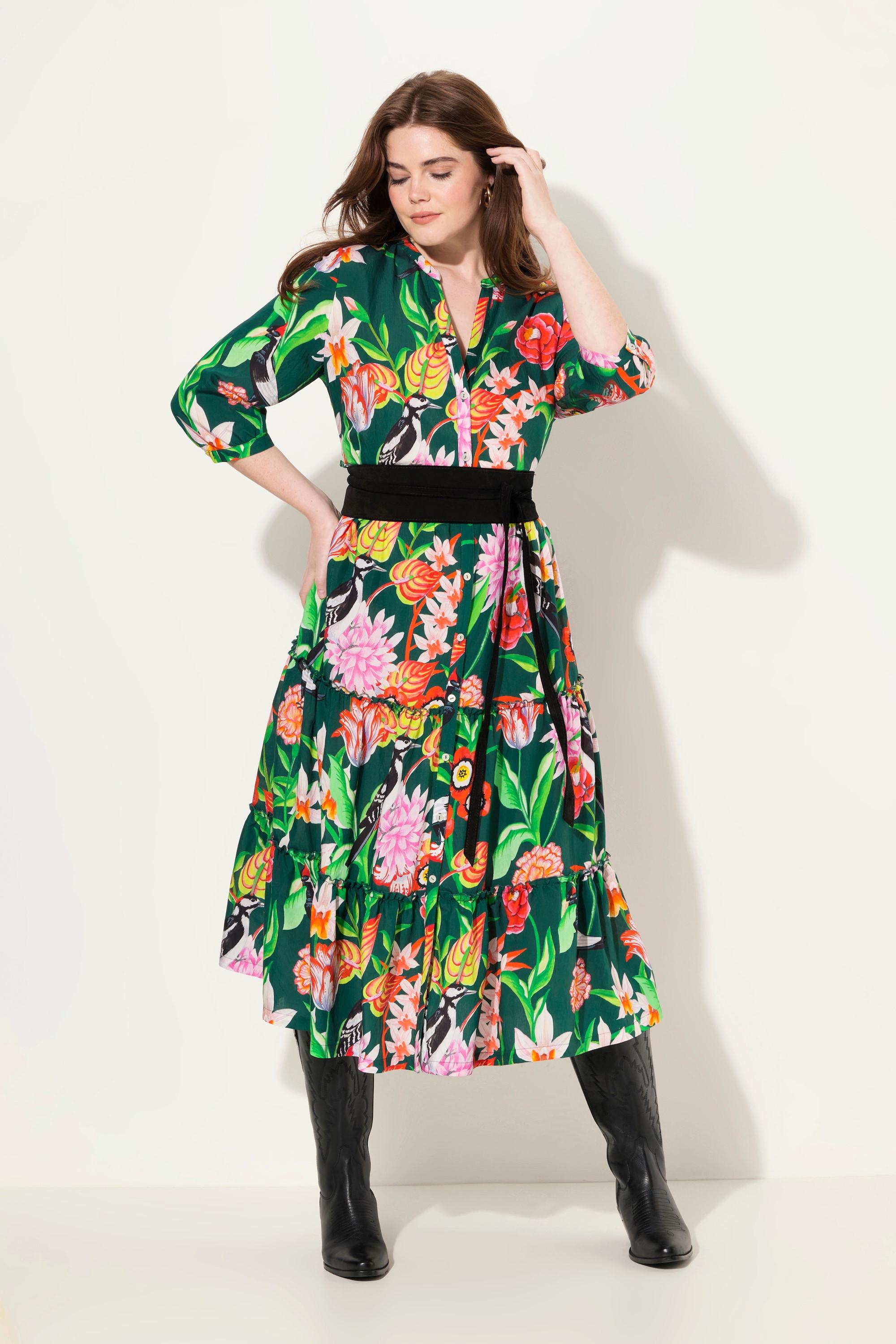 Ulla Popken Robe Maxi Col Montant Décolleté V Manches 3/4 Boutons  