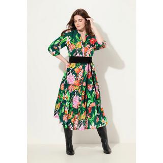 Ulla Popken Robe Maxi Col Montant Décolleté V Manches 3/4 Boutons  