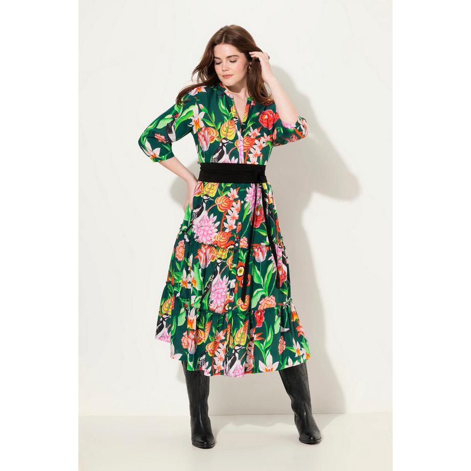 Ulla Popken Maxikleid Stehkragen V-Ausschnitt 3/4-Arm Knöpfe  