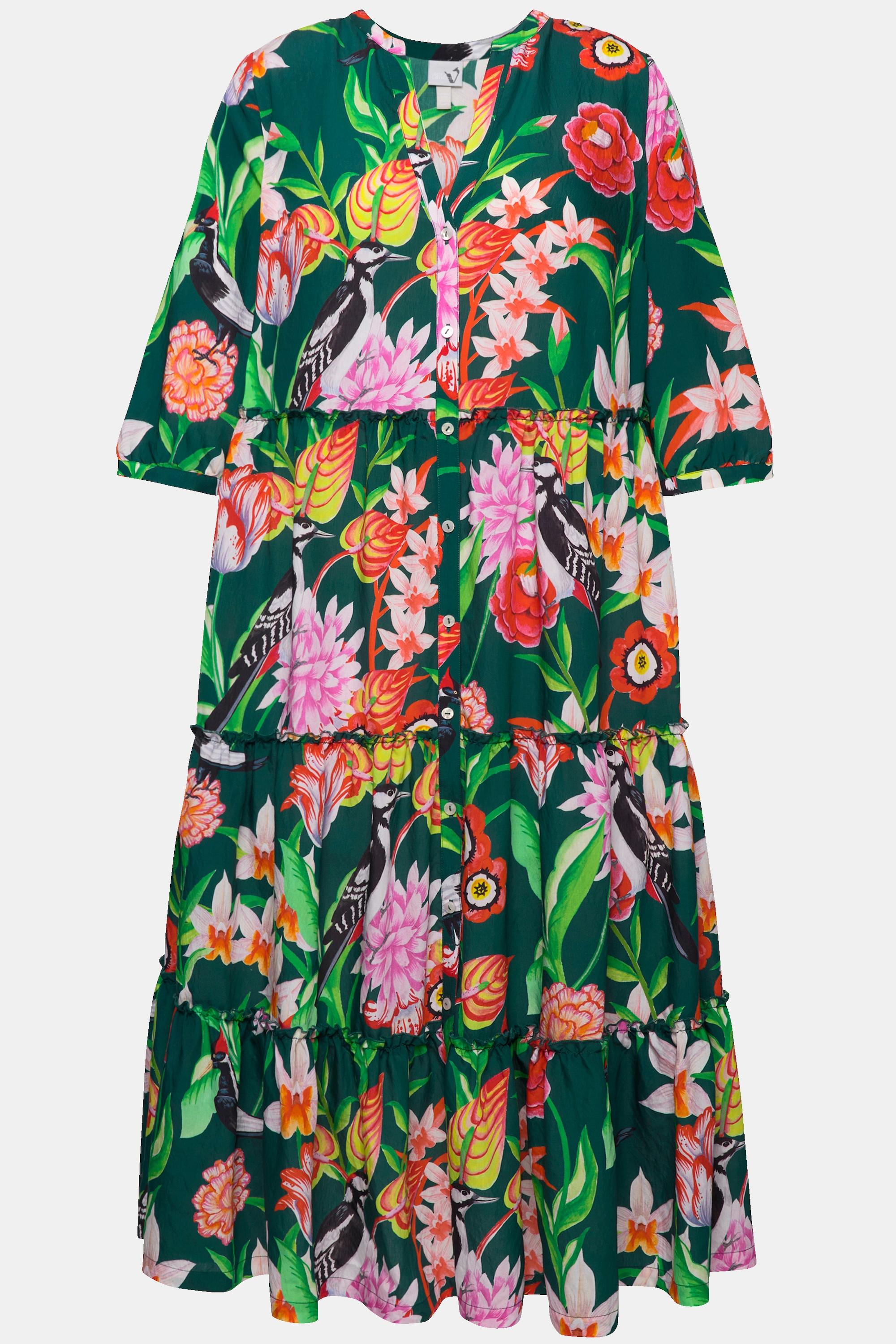 Ulla Popken Robe Maxi Col Montant Décolleté V Manches 3/4 Boutons  