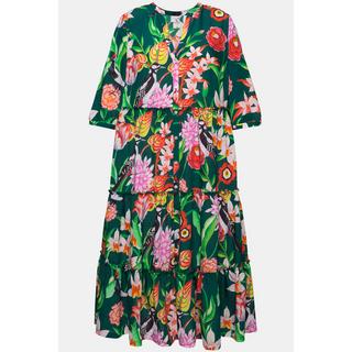 Ulla Popken  Robe midi avec boutons, col montant et décolleté en V, manches 3/4 