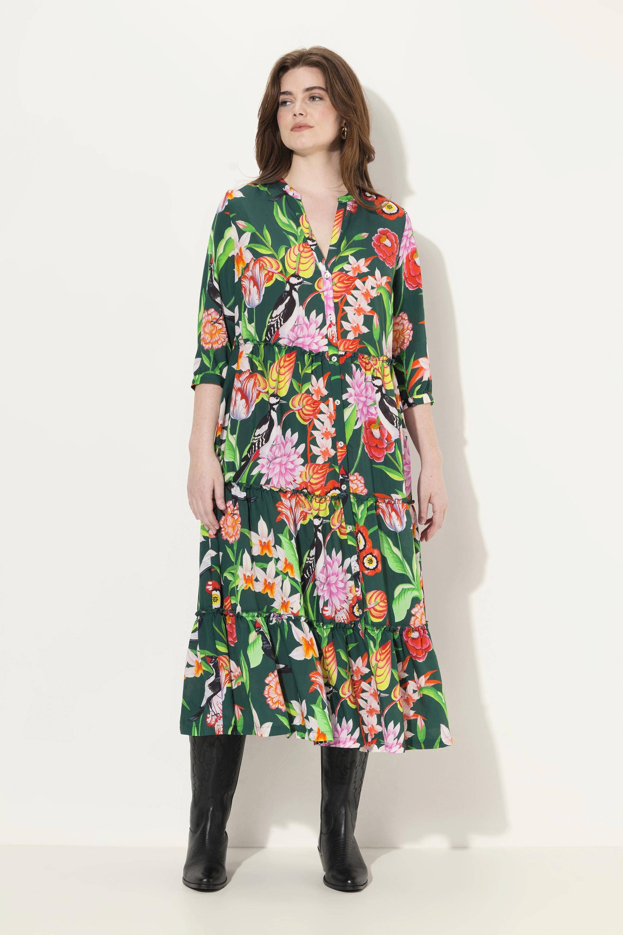 Ulla Popken Robe Maxi Col Montant Décolleté V Manches 3/4 Boutons  