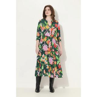 Ulla Popken  Maxikleid, Stehkragen, V-Ausschnitt, 3/4-Arm, Knöpfe 