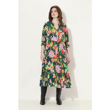 Robe midi avec boutons, col montant et décolleté en V, manches 3/4