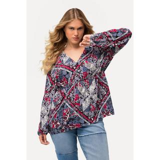 Ulla Popken  Blusa con effetto patchwork, balza, scollo a V e maniche lunghe 