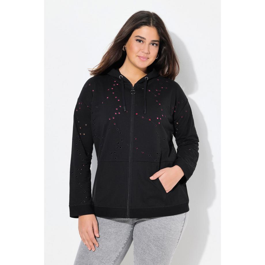 Ulla Popken Veste en molleton Broderies ajourées Manches longues Oversize  