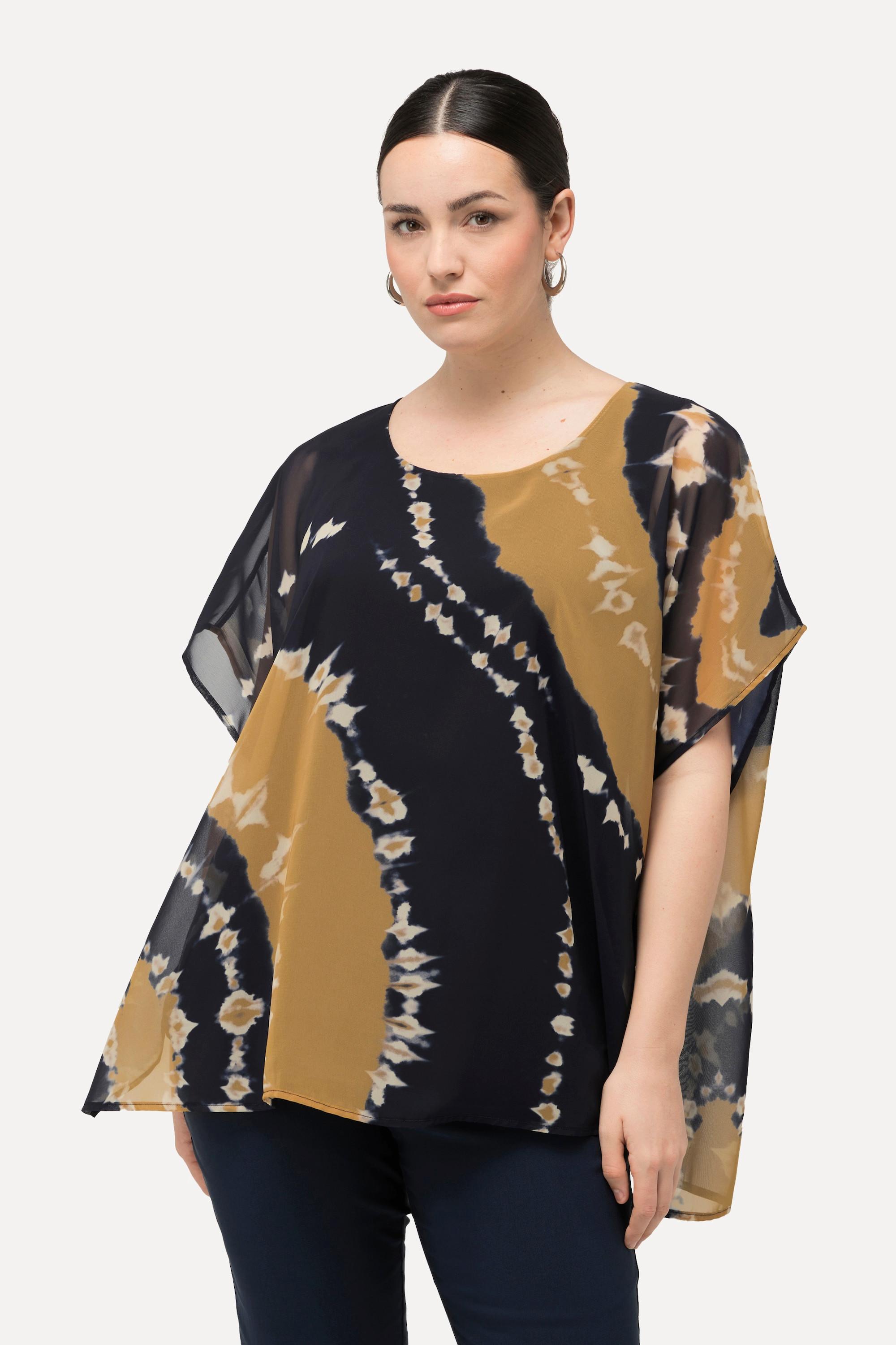 Ulla Popken Tunica Doppio Strato Stampa Batik Scollo Rotondo Mezza Manica  