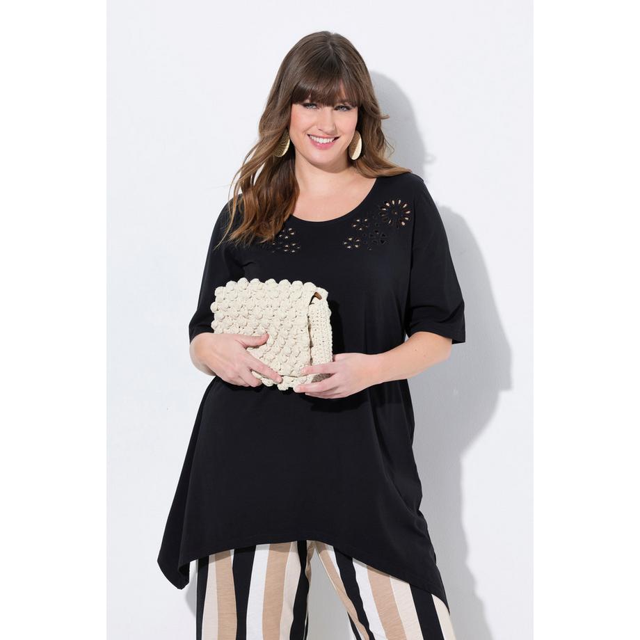 Ulla Popken T-shirt Broderies Ajourées Col Rond Manches Courtes Coton Bio  