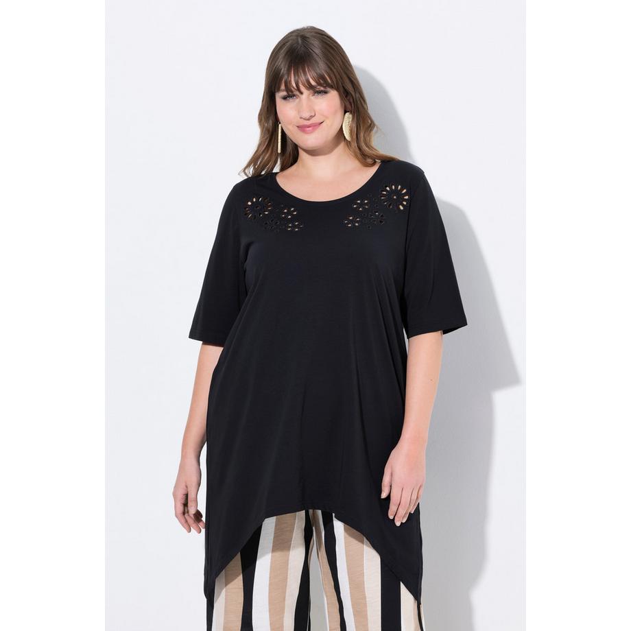 Ulla Popken T-shirt Broderies Ajourées Col Rond Manches Courtes Coton Bio  