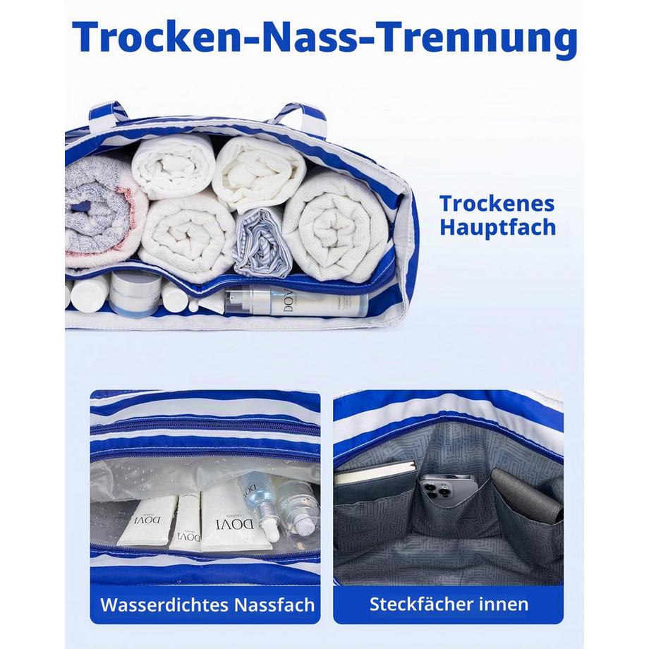 Only-bags.store Gestreifte Strandtasche mit Reissverschluss und Nassfach  
