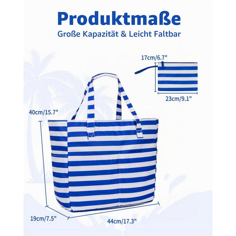 Only-bags.store Gestreifte Strandtasche mit Reissverschluss und Nassfach  