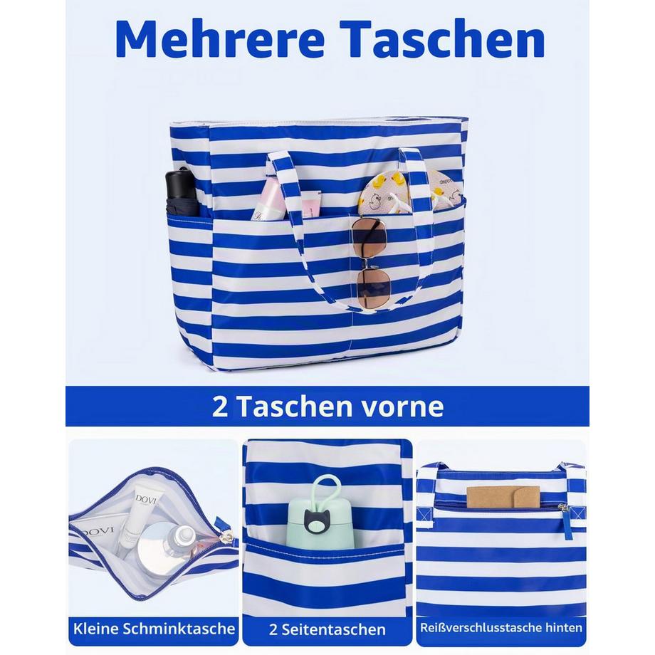Only-bags.store Gestreifte Strandtasche mit Reissverschluss und Nassfach  