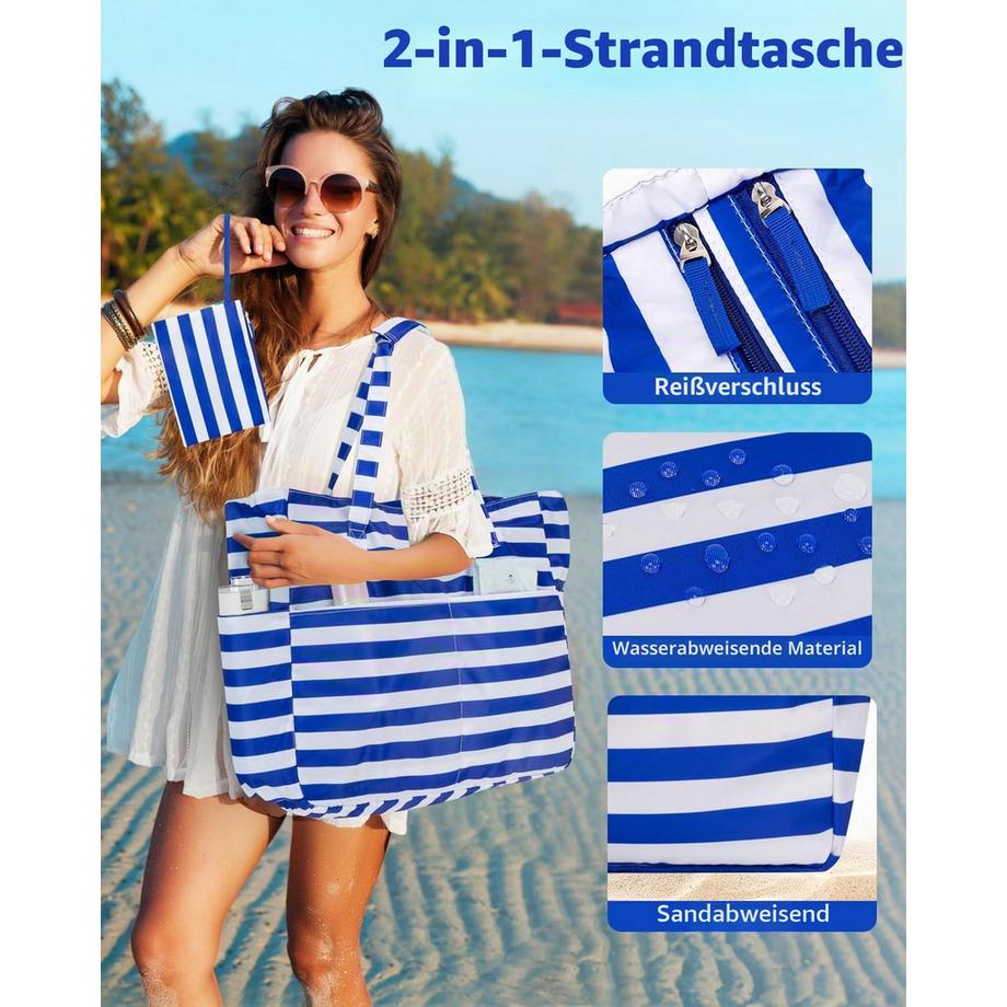 Only-bags.store Gestreifte Strandtasche mit Reissverschluss und Nassfach  