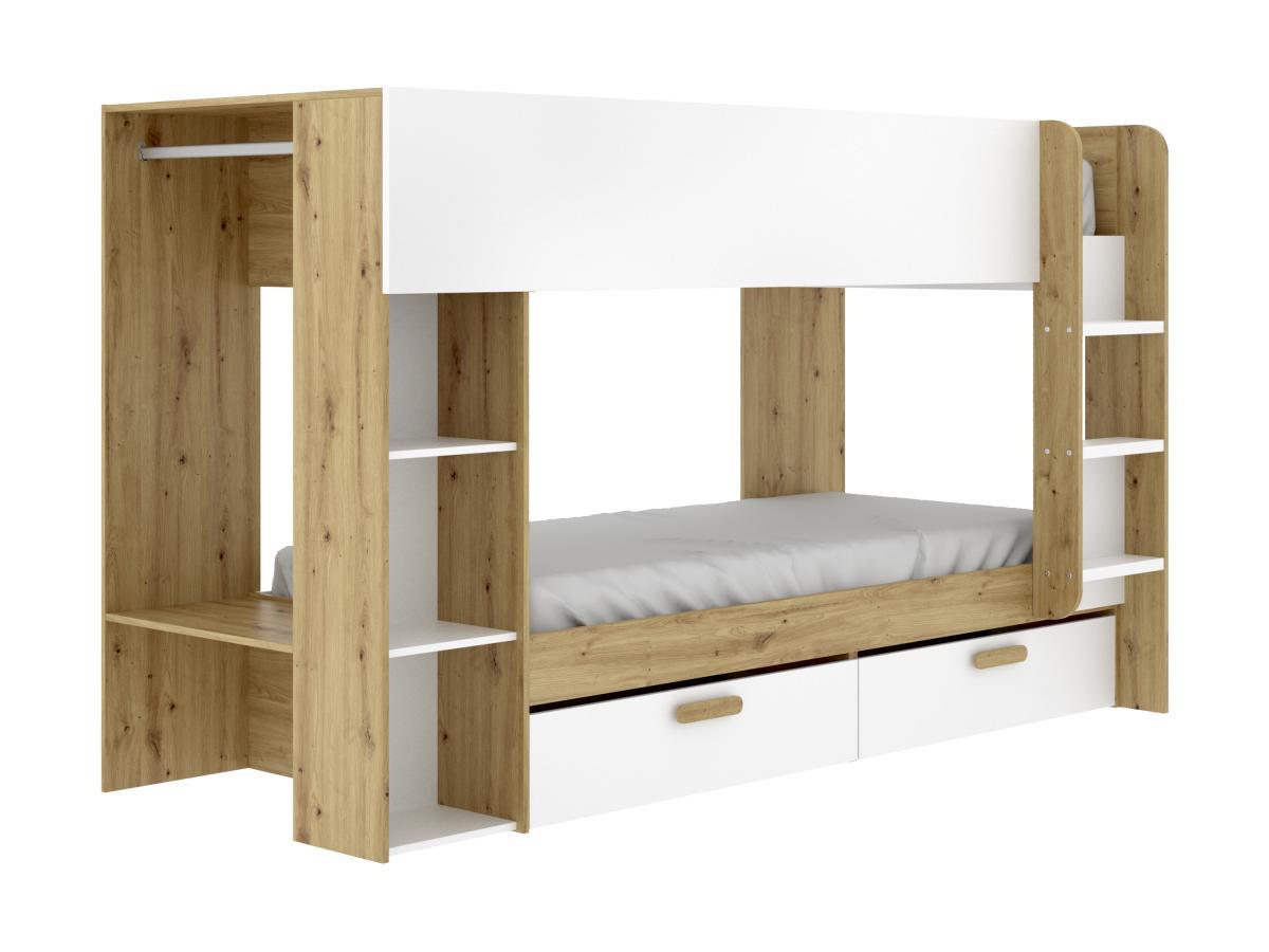 Vente-unique Lits superposés 2 x 90 x 200 cm avec rangements et penderie - Blanc et naturel - OZANA  