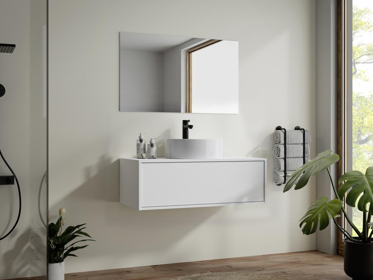 Vente-unique Mobile per bagno sospeso con lavabo singolo tondo 94 cm  Bianco - TEANA II  