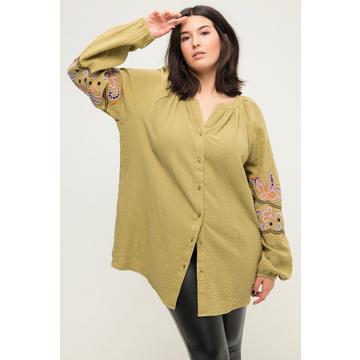 Blouse oversized en mousseline, col tunisien et broderies