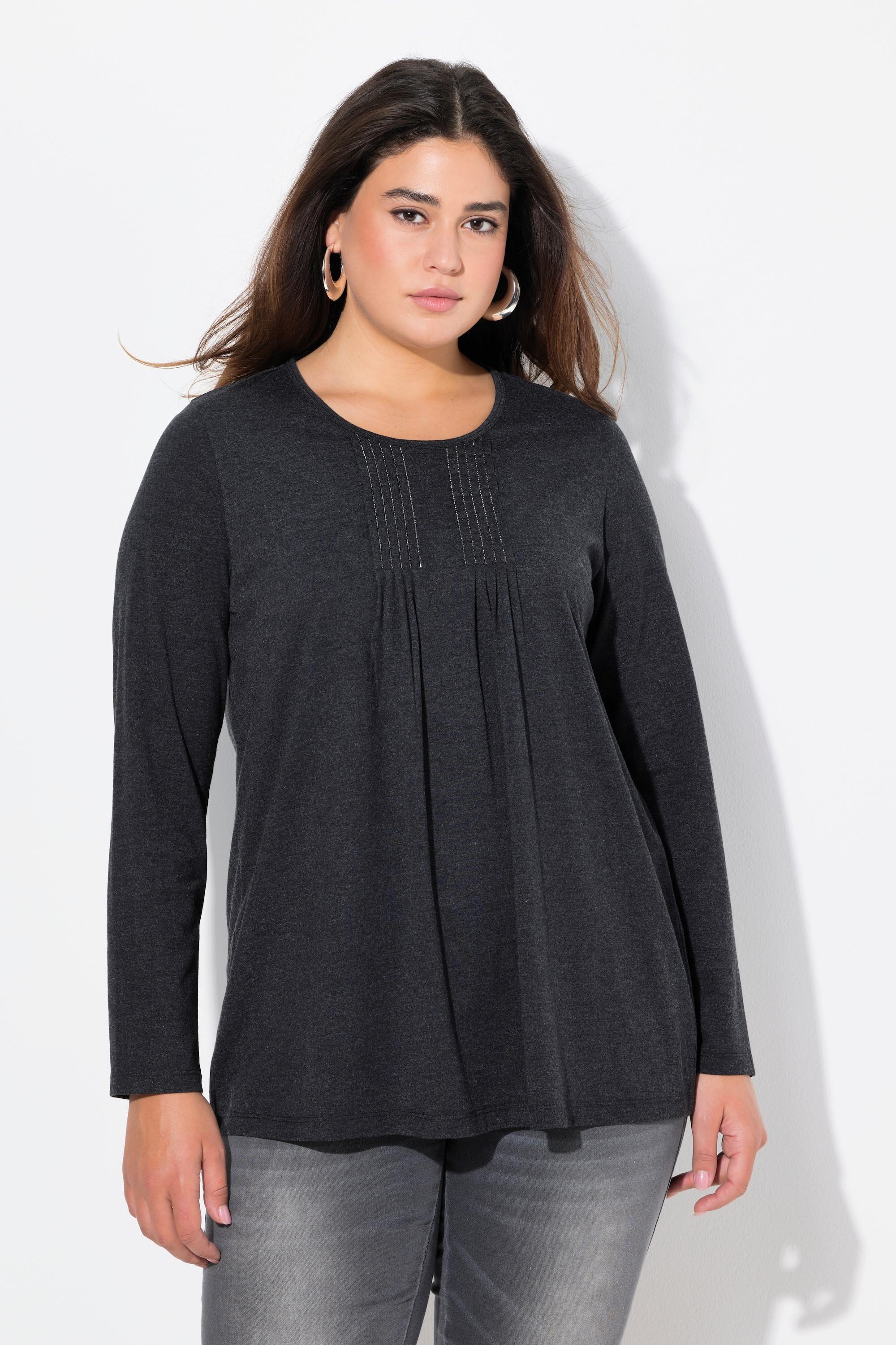 Ulla Popken  Shirt, Falten, Perlen, A-Linie, Langarm 