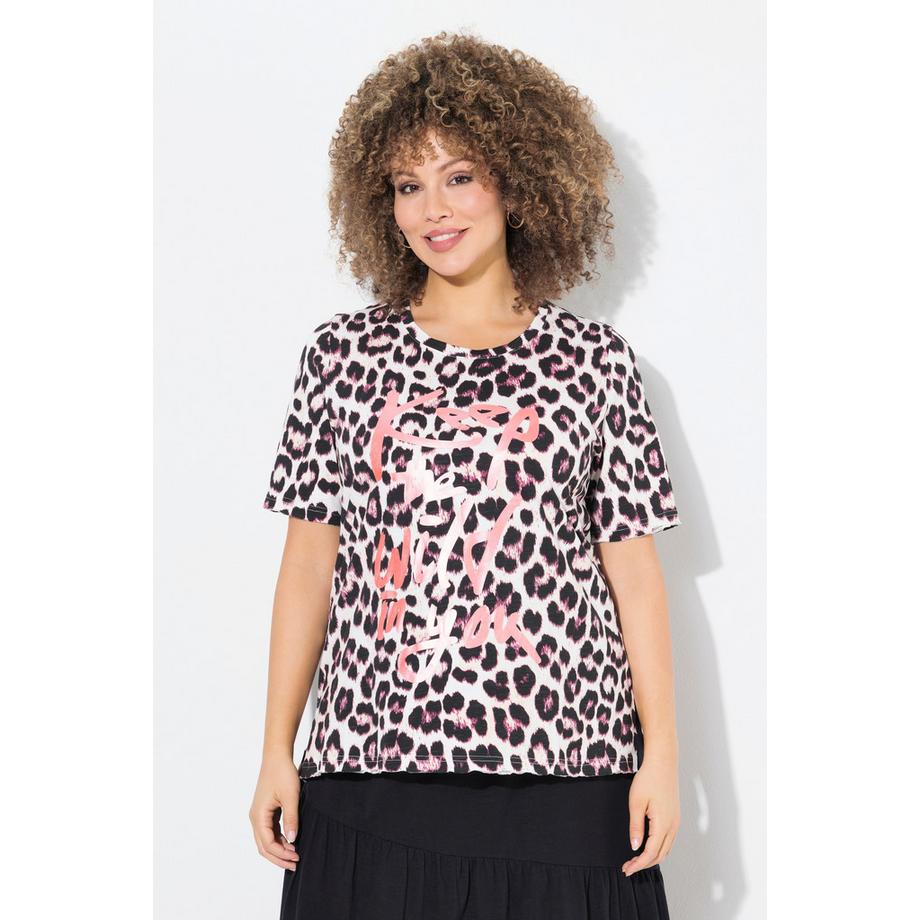 Ulla Popken T-Shirt Classic Imprimé Léopard Col Rond Manches Courtes  