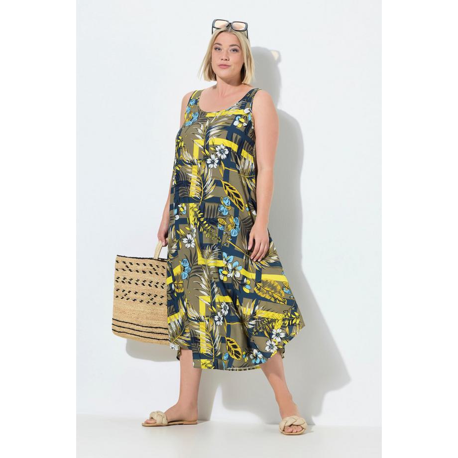 Ulla Popken Midikleid Dschungelmuster A-Linie Rundhals Ärmellos  