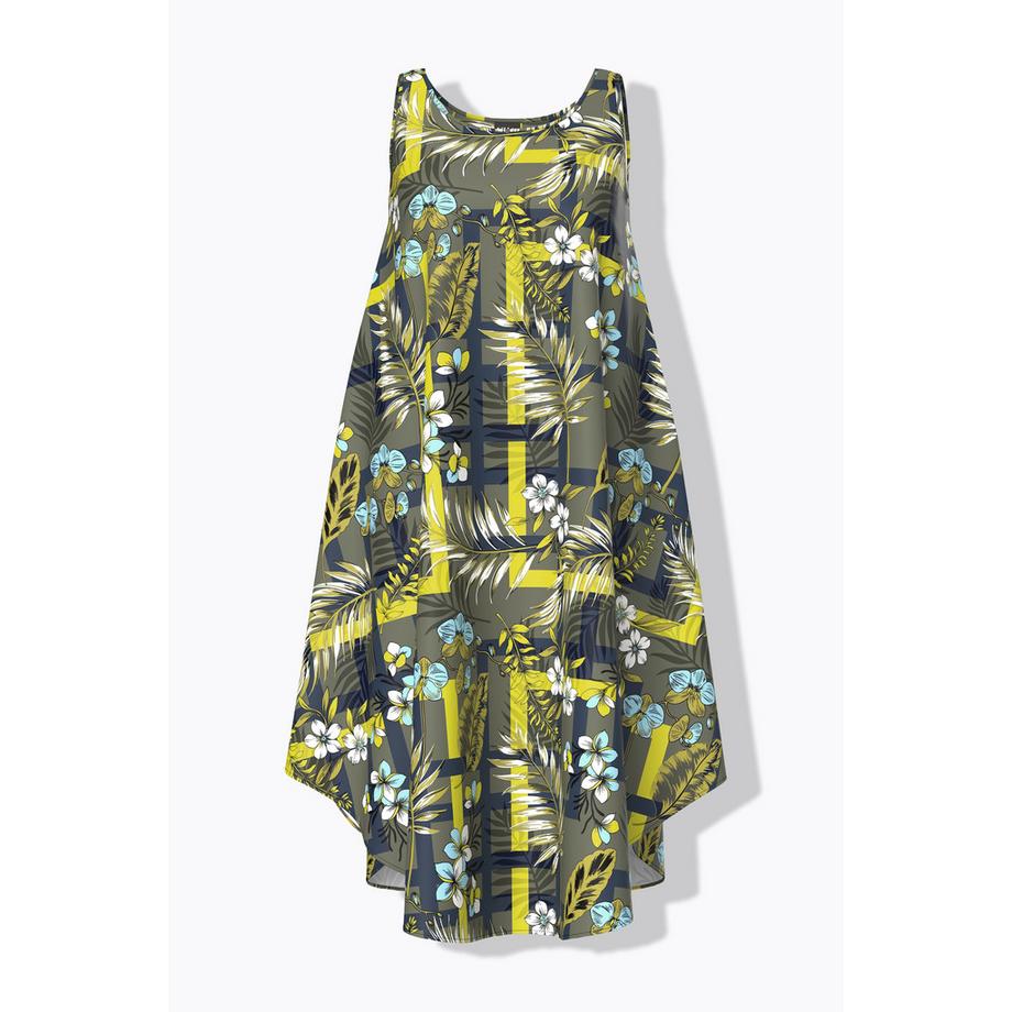 Ulla Popken Midikleid Dschungelmuster A-Linie Rundhals Ärmellos  