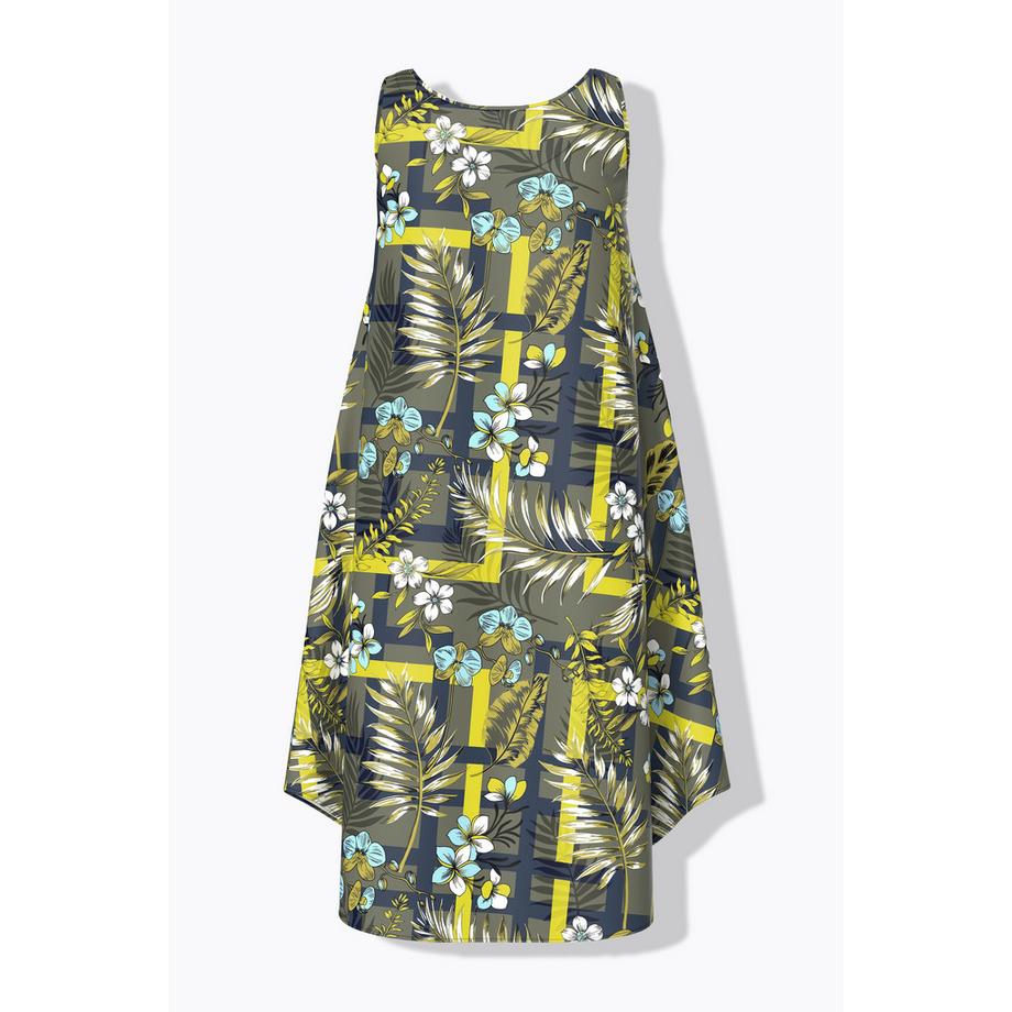 Ulla Popken Midikleid Dschungelmuster A-Linie Rundhals Ärmellos  