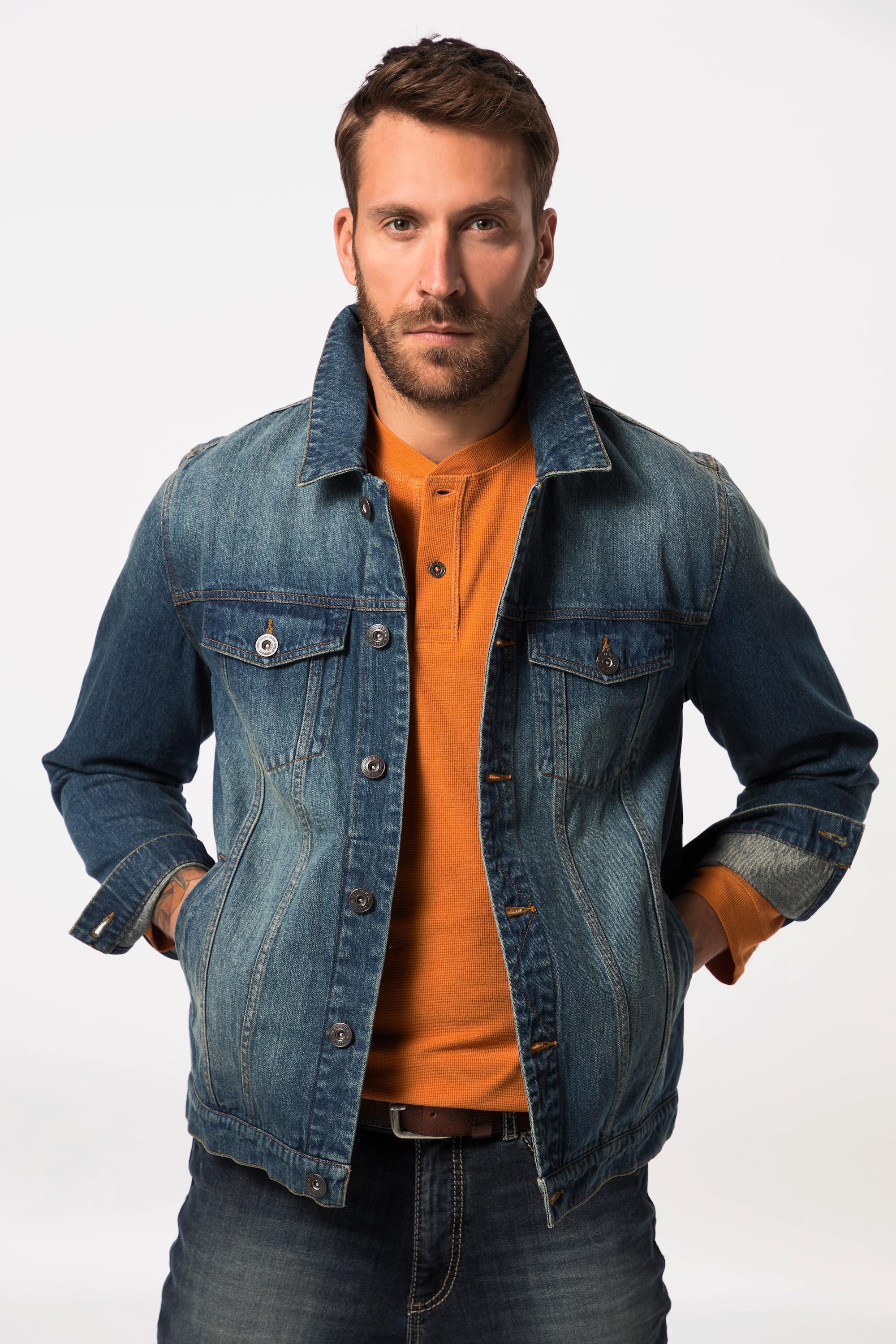 JP1880  Veste en jean. Poches poitrine et patte de boutonnage. Jusqu'au 8XL 