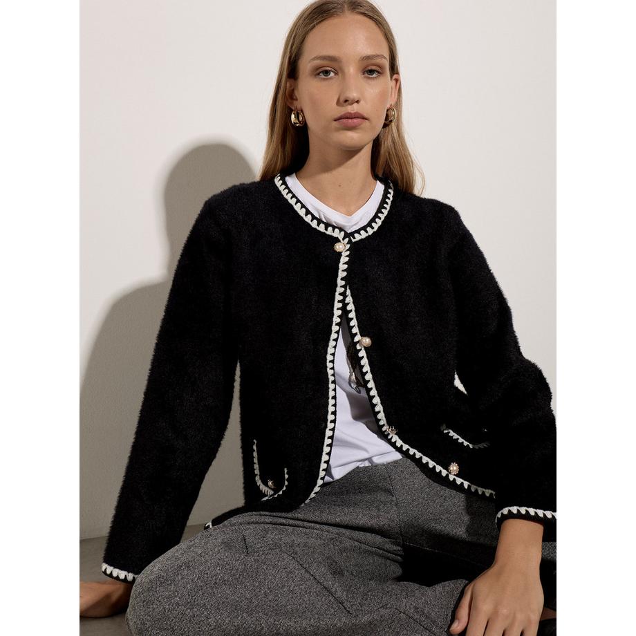 Cardigan en maille brossée à ourlet au point de feston