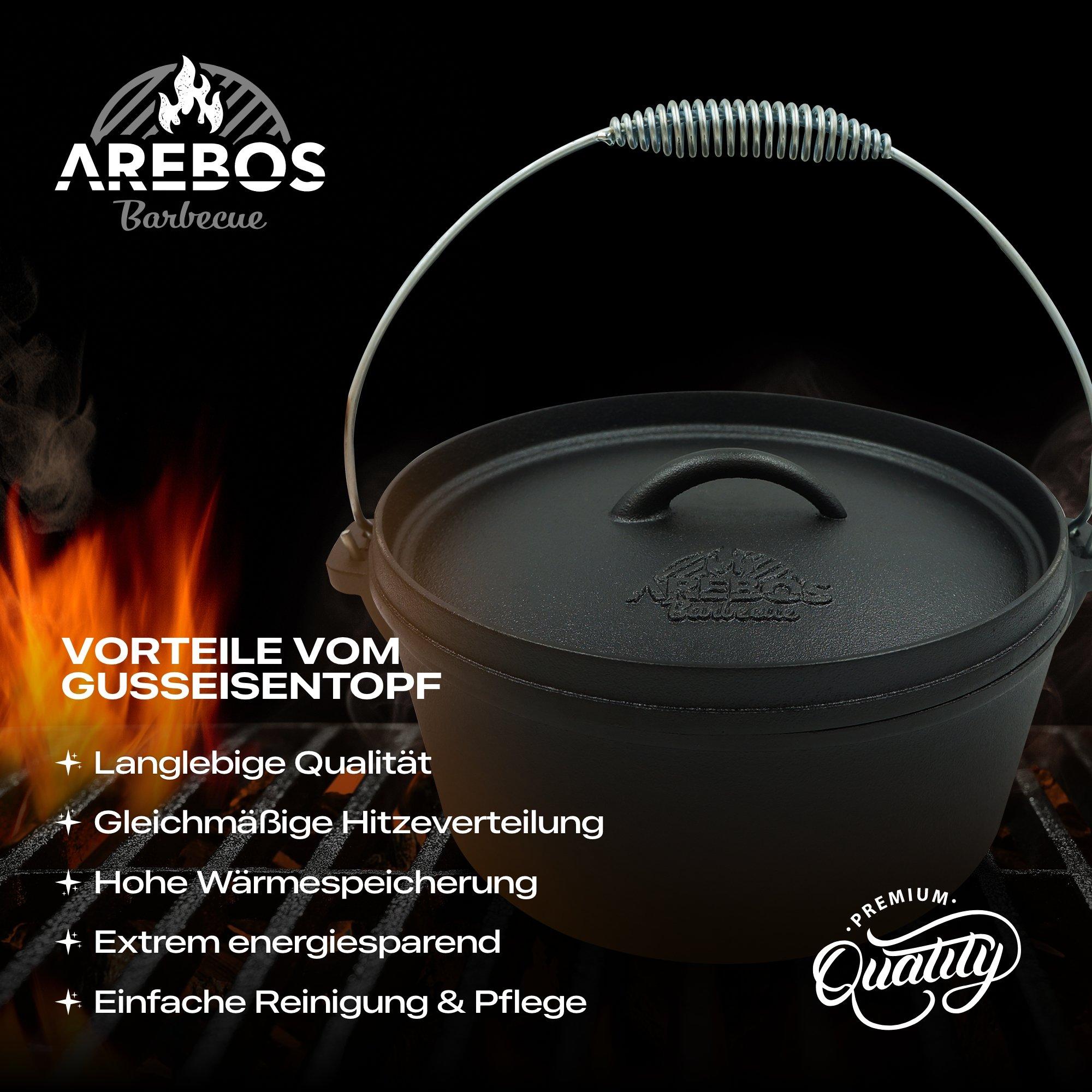 Arebos  Dutch Oven BBQ Set aus Gusseisen mit Holzkiste inklusive Schutzhandschuhe 