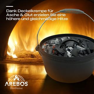 Arebos  Dutch Oven BBQ Set aus Gusseisen mit Holzkiste inklusive Schutzhandschuhe 