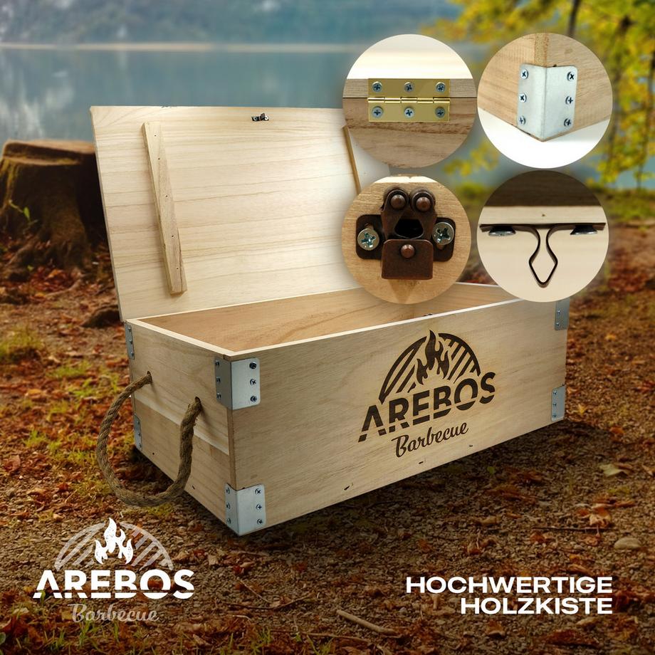 Arebos  Dutch Oven BBQ Set aus Gusseisen mit Holzkiste inklusive Schutzhandschuhe 