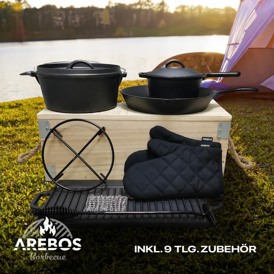 Arebos  Dutch Oven BBQ Set aus Gusseisen mit Holzkiste inklusive Schutzhandschuhe 