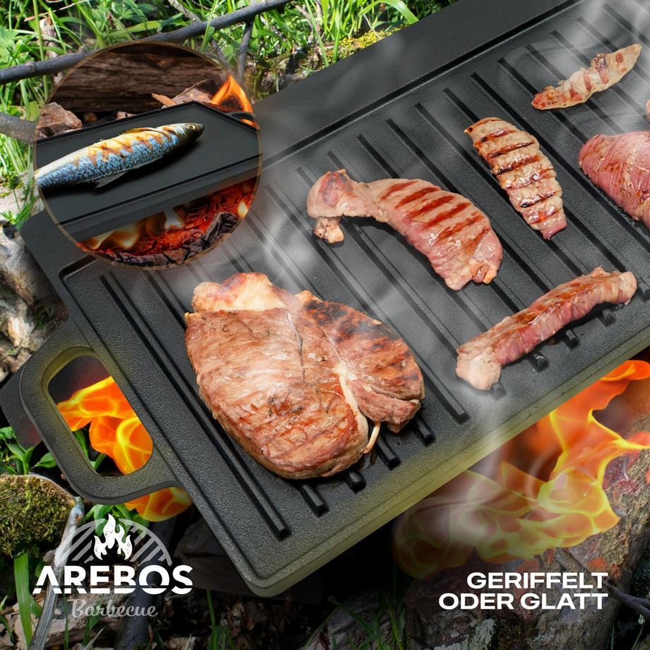 Arebos  Dutch Oven BBQ Set aus Gusseisen mit Holzkiste inklusive Schutzhandschuhe 