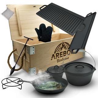 Arebos  Dutch Oven BBQ Set aus Gusseisen mit Holzkiste inklusive Schutzhandschuhe 