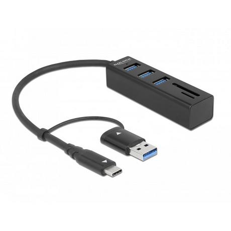 DeLock  Hub a 3 porte USB 3.2 Gen 1 + lettore di schede SD e Micro SD con connettore USB Type-C o USB Tipo-A 