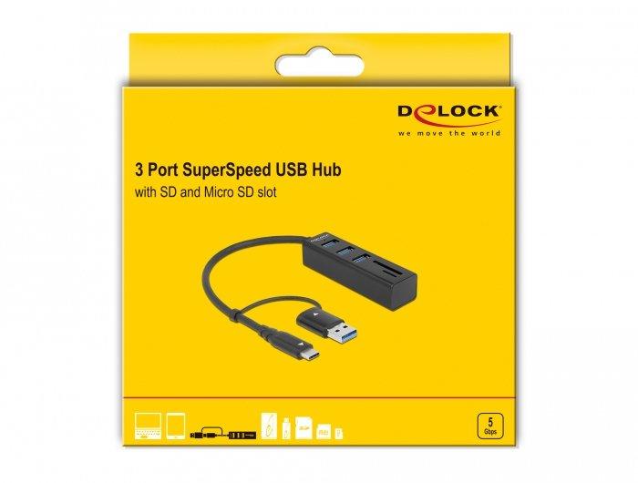 DeLock  Hub a 3 porte USB 3.2 Gen 1 + lettore di schede SD e Micro SD con connettore USB Type-C o USB Tipo-A 