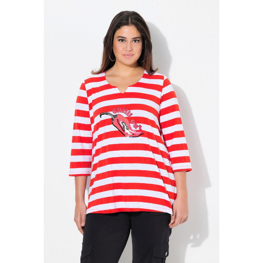 Ulla Popken T-shirt rayé Classic Col V Manches 3/4 avec piment orné  