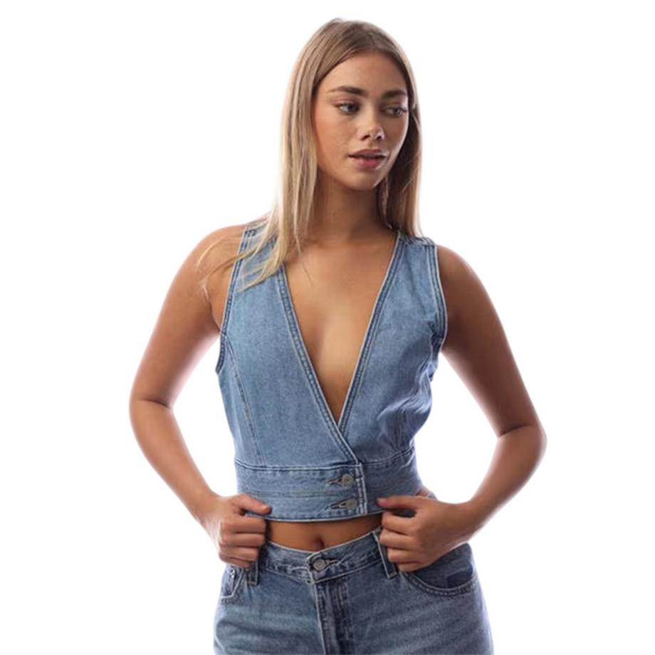 Raine Kurzes Top, Tief Ausgeschnittene, Denim, Ärmellos