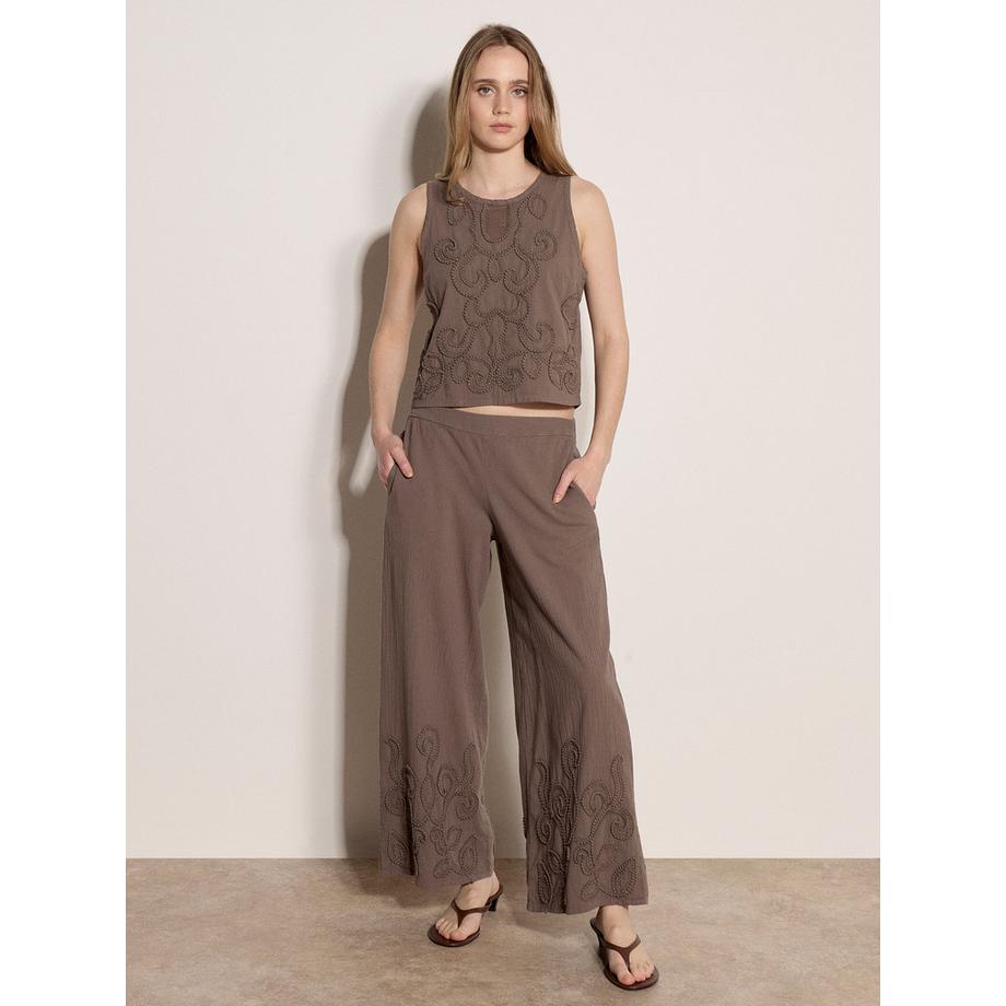 APRICOT Pantaloni in cotone ricamati con gamba ampia  