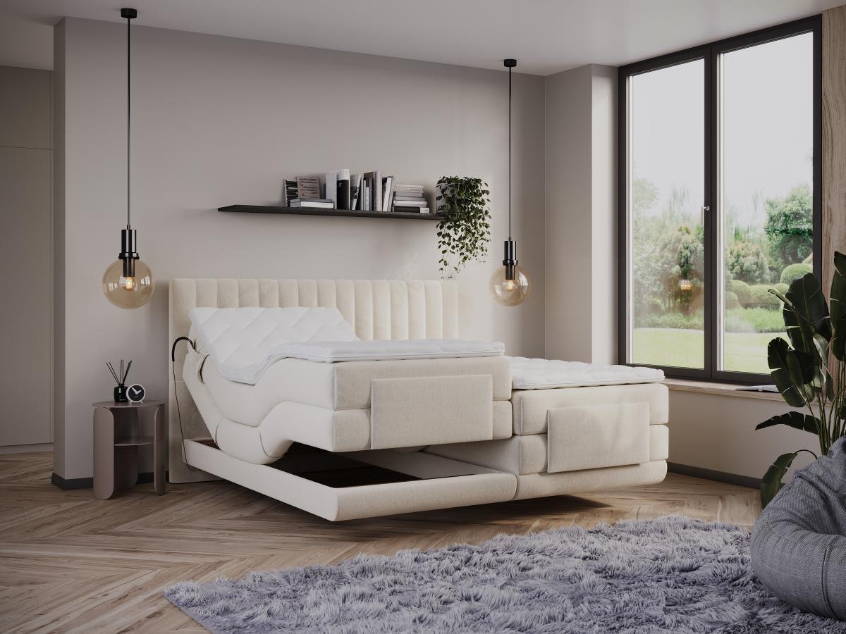 Vente-unique Boxspringbett mit vertikalen Ziernähten am Kopfteil + elektrischem Untergestell mit Relaxfunktion + Matratze + Topper - 2 x 90 x 200 cm - Samt - Beige - DONISI von PALACIO  