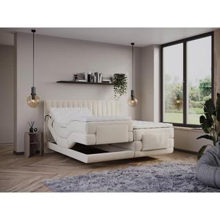 Vente-unique Boxspringbett mit vertikalen Ziernähten am Kopfteil + elektrischem Untergestell mit Relaxfunktion + Matratze + Topper - 2 x 90 x 200 cm - Samt - Beige - DONISI von PALACIO  