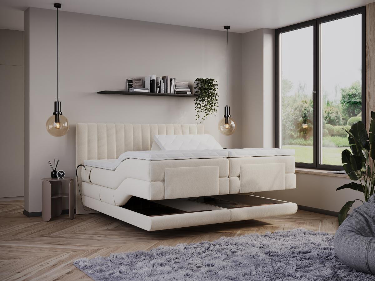 Vente-unique Boxspringbett mit vertikalen Ziernähten am Kopfteil + elektrischem Untergestell mit Relaxfunktion + Matratze + Topper - 2 x 90 x 200 cm - Samt - Beige - DONISI von PALACIO  