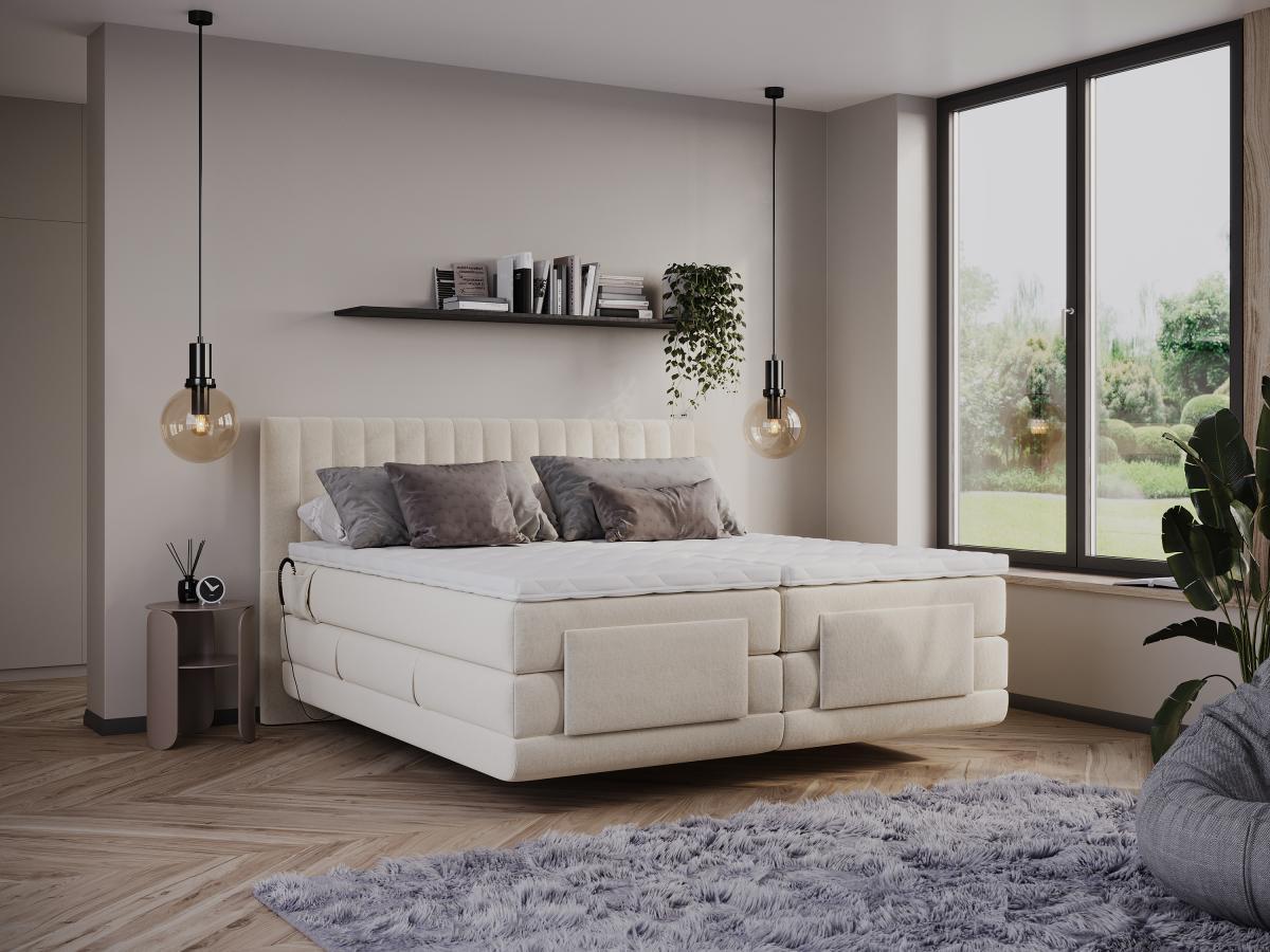 Vente-unique Boxspringbett mit vertikalen Ziernähten am Kopfteil + elektrischem Untergestell mit Relaxfunktion + Matratze + Topper - 2 x 90 x 200 cm - Samt - Beige - DONISI von PALACIO  