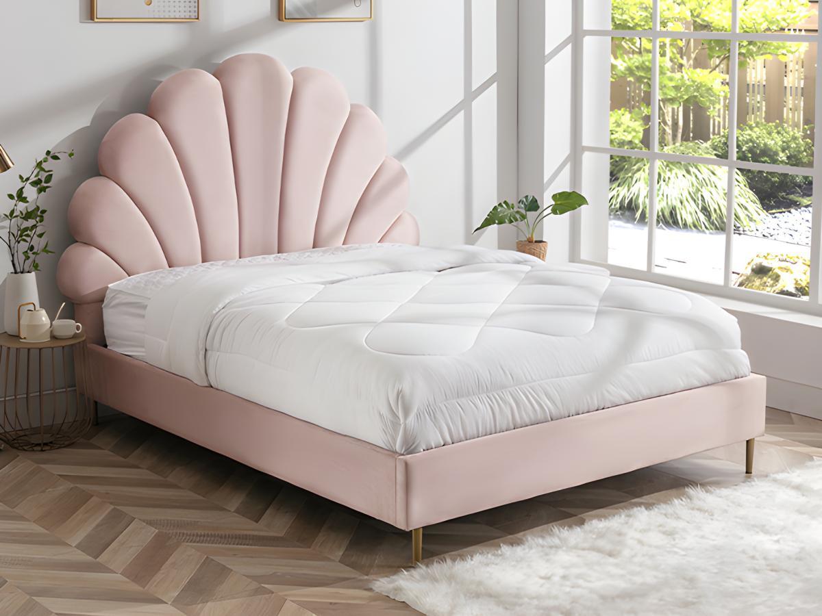 Vente-unique Lit coquillage 140 x 190 cm - Velours - Rose + Matelas - LIVAYA  