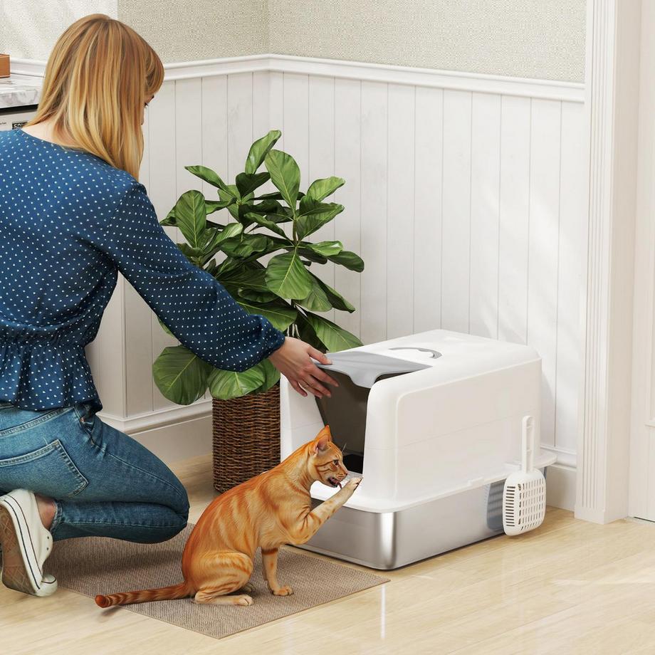 Northio  Bac à litière pour chat, toilettes pour chat avec couvercle, bac en acier inoxydable, filtre à litière intégré, avec pelle à litière, pour chats jusqu'à 6 kg, blanc 