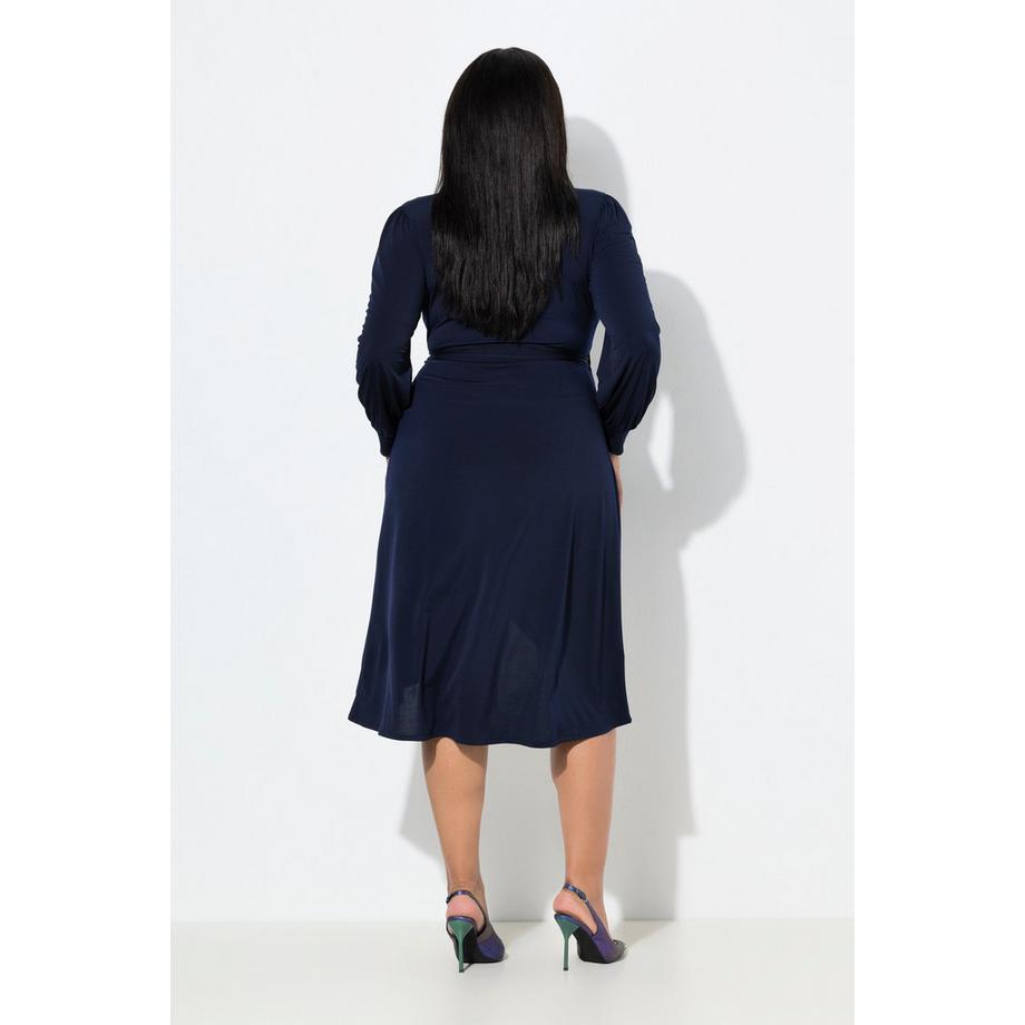 Ulla Popken Robe Cache-cœur Midi Ceinture à Nouer Col V Manches Longues Ballon  