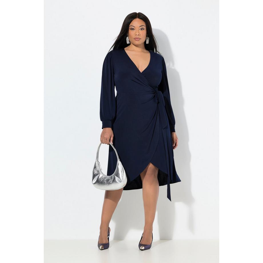 Ulla Popken Robe Cache-cœur Midi Ceinture à Nouer Col V Manches Longues Ballon  