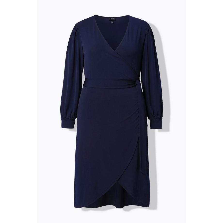 Ulla Popken Robe Cache-cœur Midi Ceinture à Nouer Col V Manches Longues Ballon  