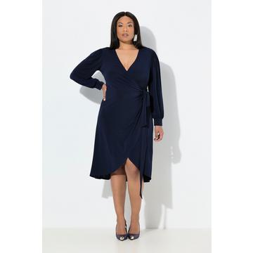 Robe cache-cœur, longueur midi, manches longues ballon, décolleté en V et ceinture à nouer