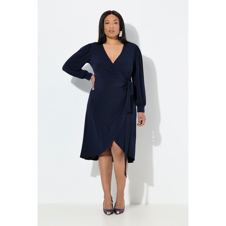 Ulla Popken Robe Cache-cœur Midi Ceinture à Nouer Col V Manches Longues Ballon  